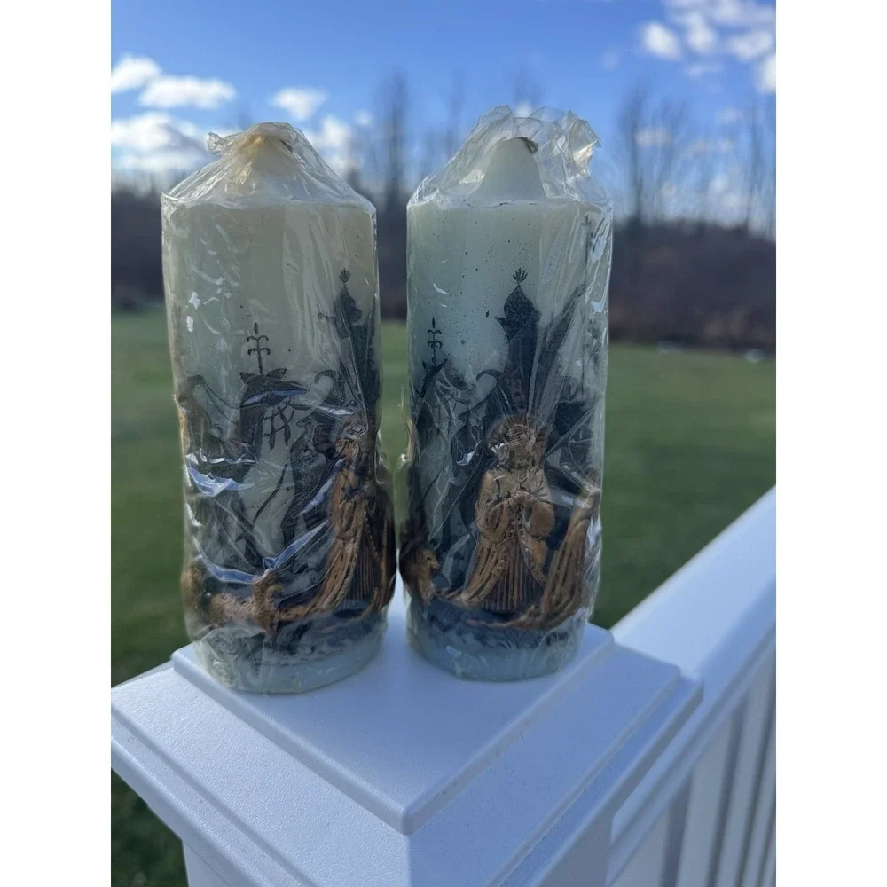 Vintage Holiday Elegance Nativity Candles NOS Handcrafted Wrapped Pair Christmas